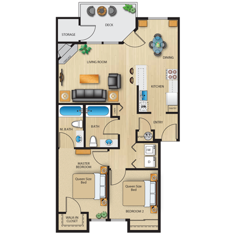 Floor plan for 2 beds, 2 baths, 933 sqft